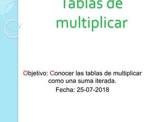 Tablas de
multiplicar
Objetivo: Conocer las tablas de multiplicar
como una suma iterada.
Fecha: 25-07-2018
 