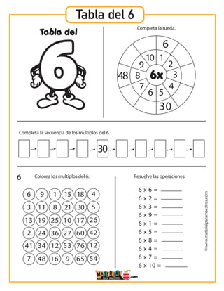 Tabla del 6
Tabla del
6x
1
6
30
48
2
3
4
56
6 x 6 =
6 x 2 =
6 x 3 =
6 x 9 =
6 x 1 =
6 x 5 =
6 x 8 =
6 x 4 =
6 x 7 =
6 x 10 =
6
6
3 11
13 19 25 10 17 26
2 24 36 27 60 42
41 34 12 53 76 12
7 48 16 9 65 54
9 1 15
8 21 30 5
18 4
30
7
8
9
10
Completa la secuencia de los multiplos del 6.
Resuelve las operaciones.Colorea los multiplos del 6.
Completa la rueda.
©www.materialparamaestros.com
 