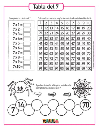 Tabla del 7
7 x 1 =
7 x 2 =
7 x 3 =
7 x 4 =
7 x 5 =
7 x 6 =
7 x 7 =
7 x 8 =
7 x 9 =
7x10=
Completa la tabla del 7.
Ayuda a la araña a llegar a su telaraña
completando la serie del 7.
7
14 70
©www.materialparamaestros.com
1 2 3 4 5 6 7 8 9 10
11 12 13 14 15 16 17 18 19 20
21 22 23 24 25 26 27 28 29 30
31 32 33 34 35 36 37 38 39 40
41 42 43 44 45 46 47 48 49 50
51 52 53 54 55 56 57 58 59 60
61 62 63 64 65 66 67 68 69 70
71 72 73 74 75 76 77 78 79 80
81 82 83 84 85 86 87 88 89 90
91 92 93 94 95 96 97 98 99 100
Colorea los cuadros según los resultados de la tabla del 7.
 
