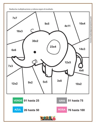 ©www.materialparamaestros.com
Realiza las multiplicaciones y colorea según el resultado.
VERDE
AZUL ROSA
GRIS01 hasta 25
26 hasta 50
51 hasta 75
76 hasta 100
6x6
16x3
7x7
9x5
4x11
10x4
14x3
4x6
10x2
7x3
12x2 9x2 5x5 3x8
30x2
12x5
23x4
 