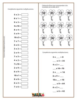 ©www.materialparamaestros.com
5 x 2 =
8 x 1 =
9 x 3 =
4 x 10 =
8 x 4 =
5 x 9 =
10 x 3 =
7 x 7 =
6 x 6 =
3 x 3 =
Completa las siguientes multiplicaciones.
Completa las siguientes multiplicaciones.
Colorea las flores que correspondan a los
resultados de la tabla del 9.
2 x 4 =
7 x 5 =
4 x 2 =
7 x 10 =
2 x 9 =
6 x 9 =
10 x 1 =
8 x 8 =
6 x 2 =
7 x 6 =
2 x ___ = 8
___ x 5 = 35
4 x 2 = ___
___ x 10 = 70
2 x ___ = 18
6 x 9 = ___
10 x ___ = 10
___ x 8 = 64
6 x 2 =___
___ x 6 = 42
18 9045 12
81 936 54
35 2763 72
 