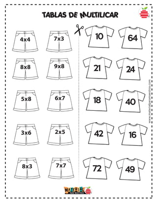 4x4 7x3
8x8 9x8
5x8 6x7
3x6 2x5
8x3 7x7
10 64
21 24
18 40
42 16
72 49
TABLAS DE MULTILICAR
www.materialparamaestros.com
 