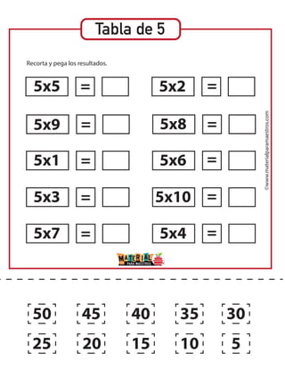 ©www.materialparamaestros.com
Tabla de 5
Recorta y pega los resultados.
5x5
5x9
5x1
5x3
5x7
5x2
5x8
5x6
5x10
5x4
=
=
=
=
= =
=
=
=
=
50
25
45
20 15
40 35
10 5
30
 