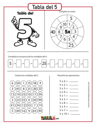 Tabla del 5
Tabla del
5x
1
5
25
40
2
3
4
56
5 x 6 =
5 x 2 =
5 x 3 =
5 x 9 =
5 x 1 =
5 x 5 =
5 x 8 =
5 x 4 =
5 x 7 =
5 x 10 =
5
6
3 45
13 19 25 10 17 26
2 23 35 6 30 46
41 34 12 53 7 14
5 49 16 9 65 40
50 1 15
8 21 20 22
18 4
25
7
8
9
10
Completa la secuencia de los multiplos del 5.
Resuelve las operaciones.Colorea los multiplos del 5.
Completa la rueda.
©www.materialparamaestros.com
 