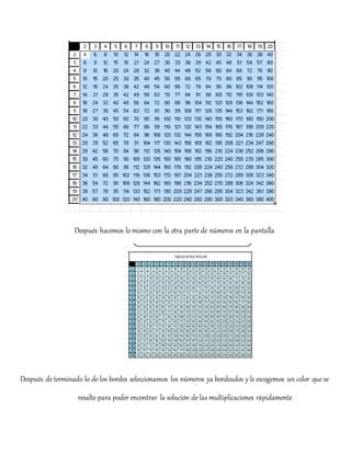 Después hacemos lo mismo con la otra parte de números en la pantalla
Después de terminado lo de los bordes seleccionamos los números ya bordeados y le escogemos un color que se
resalte para poder encontrar la solución de las multiplicaciones rápidamente
 