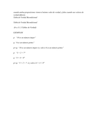 cuando ambas proposiciones tienen el mismo valor de verdad, y falso cuando sus valores de
verdad difieren.
Tabla de Verdad Bicondicional
Tabla de Verdad Bicondicional
(Ir a 3.1.3 Tablas de Verdad)
EJEMPLOS
p: “10 es un número impar”
q: “6 es un número primo”
p↔q: “10 es un número impar si y solo si 6 es un número primo”
p: “3 + 2 = 7″
q: “4 + 4 = 8″
p↔q: “3 + 2 = 7 si y solo si 4 + 4 = 8″
 