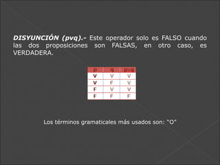 DISYUNCIÓN (pvq).-   Este operador solo es FALSO cuando las dos proposiciones son FALSAS, en otro caso, es VERDADERA. Los términos gramaticales más usados son: “O” 