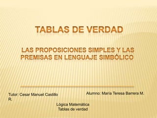 Alumno: María Teresa Barrera M.
Tutor: Cesar Manuel Castillo
R.
Lógica Matemática
Tablas de verdad

 