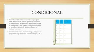 CONDICIONAL
• El condicional material es un operador que opera
sobre dos valores de verdad, típicamente los valores
de verdad de dos preposiciones, devolviendo el valor
de verdad falso o solo cuando la primera proposición
es verdadera y la segunda falsa, y verdadero en
cualquier otro caso
• La condicional de dos preposiciones p,q da lugar a la
proposición: si p entonces q, se representa por p  q
 
