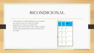 BICONDICIONAL
• El bicondicional o doble implicación es un operador
que funciona sobre dos valores de verdad,
tipícamente los valores de verdad de dos
proposiciones, devolviendo el valor verdad verdadero
cuando ambas proposiciones tienen el mismo valor
de verdad.
 