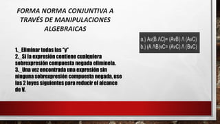FORMA NORMA CONJUNTIVA A
TRAVÉS DE MANIPULACIONES
ALGEBRAICAS
1._Eliminar todas las ‘’y’’
2._Si la expresión contiene cualquiera
sobrexpresión compuesta negada elimínela.
3._Una vez encontrada una expresión sin
ninguna sobrexpresión compuesta negada, use
las 2 leyes siguientes para reducir el alcance
de V.
 