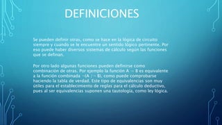 DEFINICIONES
Se pueden definir otras, como se hace en la lógica de circuito
siempre y cuando se le encuentre un sentido lógico pertinente. Por
eso puede haber diversos sistemas de cálculo según las funciones
que se definan.
Por otro lado algunas funciones pueden definirse como
combinación de otras. Por ejemplo la función A → B es equivalente
a la función combinada ¬(A /¬ B), como puede comprobarse
haciendo la tabla de verdad. Este tipo de equivalencias son muy
útiles para el establecimiento de reglas para el cálculo deductivo,
pues al ser equivalencias suponen una tautología, como ley lógica.
 