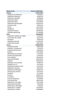 Rótulos de fila                Suma de 706372785
Azogues                              11664535950
 ALMACEN LUIS PENALOZA                  756930015
 COMERCIAL MINCHALA                     145824165
 COMERCIAL ORDONEZ                      709486560
 FERRETERIA ANAHI                      1291088970
 FERRETERIA ARIAS                       993528990
 FERRETERIA SAN ANTONIO                1650226770
 LATACELA JUAN                          479822670
 PALVID                                1352572020
 PROMACSA                              1225359225
 SIGUENZA PATRICIO                     1487863485
 VIDRIERIA AMERICANA                   1571833080
Cañar                                  4055489505
 ALMACEN EL HIERRO DEL CANAR            719533125
 AUTO PARTS DEL CANAR                   538132950
 CEHIMACO                               394303140
 COMERCIAL MILLION                     1514363445
 FERRETERIA CENTRAL                     889156845
Cuenca                               31906226700
 ALMACEN ELECTRA                        808502580
 ALMACEN J H RODRIGUEZ                   44158770
 ALMACEN ORTEGA RUIZ                    408258630
 ALMACO                                1310740380
 AMERICANA DE PINTURAS                  114732855
 AUSTRO SUR FERRETERIA                  527401665
 AUTO JAPONES                          1566974430
 CIMA PROVEEDORES                      1628790525
 COMACO                                1596264570
 COMERCIAL AVILA OCHOA                  443882565
 COMERCIAL B Y D                        351232605
 COMERCIAL MUNOZ E HIJOS                251525520
 COMERCIAL PALACIOS                     599470335
 COMERCIAL SAMANIEGO                   1169843310
 CRISTALES DEL AUSTRO                   164273535
 DUMOFER                                951370785
 ECUALUZ                               1304947395
 EL COPIHUE                            1585353465
 ELECTRO COMERCIAL                      164398950
 ELECTRO ORTEGA                        1383541830
 FERRETERIA 12 DE ABRIL                 694774800
 FERRETERIA ASOCIADOS                   379059480
 FERRETERIA EL ARTESANO                  41006520
 FERRETERIA EL CHORRO                  1245300075
 FERRETERIA EL HIERRO                  1428689880
 