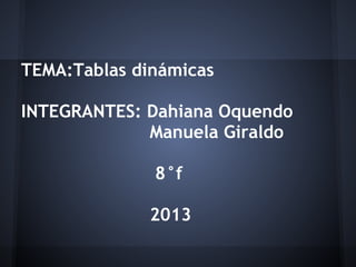 TEMA:Tablas dinámicas
INTEGRANTES: Dahiana Oquendo
Manuela Giraldo
8°f
2013
 