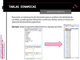 SOFTWAREDENEGOCIOSII
Ing.MaríaEugeniaMoralesV.
AGRUPAR ELEMENTOS
Para aislar un subconjunto de elementos para un análisis más detallado de
sus datos, puede agrupar elementos numéricos, fechas, horas e incluso una
selección de elementos específicos.
Ejemplo: Dada la siguiente tabla dinámica. Agrupar por años:
 