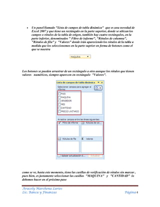 Un panel llamado "Lista de campos de tabla dinámica" que es una novedad de
Excel 2007 y que tiene un rectángulo en la parte superior, donde se ubican los
campos o rótulos de la tabla de origen, también hay cuatro rectángulos, en la
parte inferior, denominados " Filtro de informe", "Rótulos de columna",
"Rótulos de fila" y "Valores" donde irán apareciendo los rótulos de la tabla a
medida que los seleccionemos en la parte suprior en forma de botones como el
que se nuestra

Los botones se pueden arrastrar de un rectángulo a otro aunque los rótulos que tienen
valores numéricos, siempre aparecen en rectángulo "Valores".

como se ve, hasta este momento, tiene las casillas de verificación de rótulos sin marcar ,
pues bien, es justamente seleccionar las casillas "MAQUINA" y "CANTIDAD" lo
debemos hacer en el próximo paso
Aracely Marchena Larios
Lic. Banca y Finanzas

Página 4

 