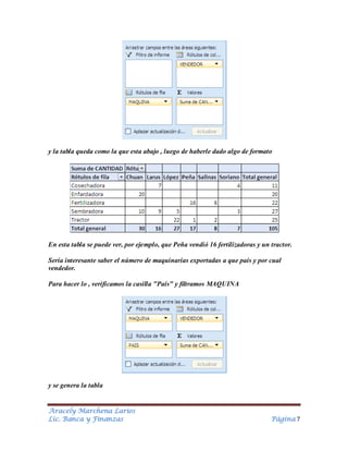 y la tabla queda como la que esta abajo , luego de haberle dado algo de formato

En esta tabla se puede ver, por ejemplo, que Peña vendió 16 fertilizadoras y un tractor.
Sería interesante saber el número de maquinarias exportadas a que país y por cual
vendedor.
Para hacer lo , verificamos la casilla "País" y filtramos MAQUINA

y se genera la tabla

Aracely Marchena Larios
Lic. Banca y Finanzas

Página 7

 