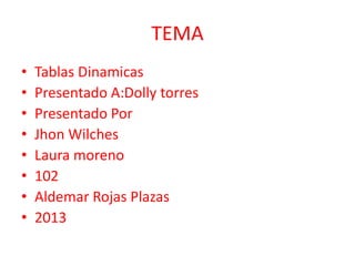 TEMA
• Tablas Dinamicas
• Presentado A:Dolly torres
• Presentado Por
• Jhon Wilches
• Laura moreno
• 102
• Aldemar Rojas Plazas
• 2013
 