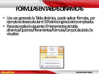 MicrosoftExcel Ing.JessicaNavarroVásquez
FÓRMULASENTABLASDINÁMICAS
• UnavezgeneradalaTabladinámica, puedeaplicar fórmulas, por
ejemplosedeseacalcularel10%delosingresosdelosempleados.
• Paraestorealicelosiguiente:ElHerramientasdetabla
dinámica/Opciones/Herramientas/Fórmulas/CampoCalculado.Se
visualiza:
 