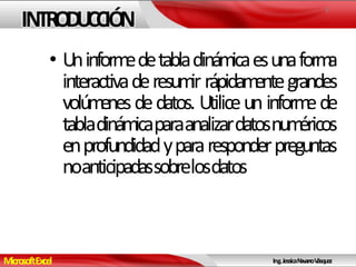 MicrosoftExcel Ing.JessicaNavarroVásquez
INTRODUCCIÓN
• Uninformedetabladinámicaesunaforma
interactivaderesumir rápidamentegrandes
volúmenesdedatos. Utiliceun informede
tabladinámicaparaanalizardatosnuméricos
enprofundidadypararesponderpreguntas
noanticipadassobrelosdatos
3
 