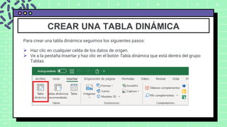 A B C D E F G H I J K
1
2
3
4
5
6
7
8
9
10
11
12
13
14
15
16
CREAR UNA TABLA DINÁMICA
Para crear una tabla dinámica seguimos los siguientes pasos:
 Haz clic en cualquier celda de los datos de origen.
 Ve a la pestaña Insertar y haz clic en el botón Tabla dinámica que está dentro del grupo
Tablas.
 