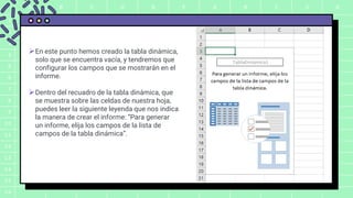 A B C D E F G H I J K
1
2
3
4
5
6
7
8
9
10
11
12
13
14
15
16
En este punto hemos creado la tabla dinámica,
solo que se encuentra vacía, y tendremos que
configurar los campos que se mostrarán en el
informe.
Dentro del recuadro de la tabla dinámica, que
se muestra sobre las celdas de nuestra hoja,
puedes leer la siguiente leyenda que nos indica
la manera de crear el informe: “Para generar
un informe, elija los campos de la lista de
campos de la tabla dinámica”.
 