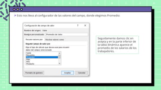 A B C D E F G H I J K
1
2
3
4
5
6
7
8
9
10
11
12
13
14
15
16
Esto nos lleva al configurador de las valores del campo, donde elegimos Promedio:
Seguidamente damos clic en
acepta y en la parte inferior de
la tabla dinámica aparece el
promedio de los salarios de los
trabajadores.
 