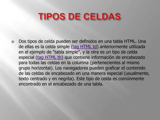 TIPOS DE CELDASDos tipos de celda pueden ser definidos en una tabla HTML. Una de ellas es la celda simple (tag HTML td) anteriormente utilizada en el ejemplo de "tabla simple", y la otra es un tipo de celda especial (tag HTML th) que contiene información de encabezado para todas las celdas en la columna (pertenecientes al mismo grupo horizontal). Los navegadores pueden graficar el contenido de las celdas de encabezado en una manera especial (usualmente, texto centrado y en negrita). Este tipo de celda es comúnmente encontrado en el encabezado de una tabla.