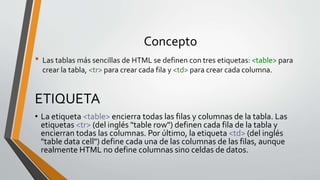Concepto
• Las tablas más sencillas de HTML se definen con tres etiquetas: <table> para
crear la tabla, <tr> para crear ca...
