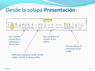 Desde la solapa Presentación:
Para insertar
nuevas filas y
columnas, o
eliminarlas.
Podremos combinar celdas, dividir
celdas o dividir la misma tabla.
Para modificar el
tamaño de las
celdas.
Permite alinear el
contenido de las
celdas.
05/10/13 4
 