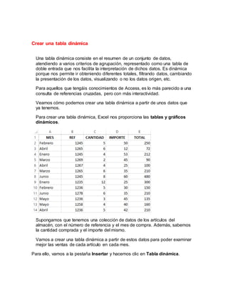 Crear una tabla dinámica 
Una tabla dinámica consiste en el resumen de un conjunto de datos, 
atendiendo a varios criterios de agrupación, representado como una tabla de 
doble entrada que nos facilita la interpretación de dichos datos. Es dinámica 
porque nos permite ir obteniendo diferentes totales, filtrando datos, cambiando 
la presentación de los datos, visualizando o no los datos origen, etc. 
Para aquellos que tengáis conocimientos de Access, es lo más parecido a una 
consulta de referencias cruzadas, pero con más interactividad. 
Veamos cómo podemos crear una tabla dinámica a partir de unos datos que 
ya tenemos. 
Para crear una tabla dinámica, Excel nos proporciona las tablas y gráficos 
dinámicos. 
Supongamos que tenemos una colección de datos de los artículos del 
almacén, con el número de referencia y el mes de compra. Además, sabemos 
la cantidad comprada y el importe del mismo. 
Vamos a crear una tabla dinámica a partir de estos datos para poder examinar 
mejor las ventas de cada artículo en cada mes. 
Para ello, vamos a la pestaña Insertar y hacemos clic en Tabla dinámica. 
 