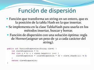 Función de dispersiónFunción que transforma un string en un entero, que es la posición de la tabla Hash en la que insertar.Se implementa en la clase TablaHash para usarla en los métodos insertar, buscar y borrar.Función de dispersión con una solución óptima: regla de Horner(asignar un peso de 32 a cada carácter del string).