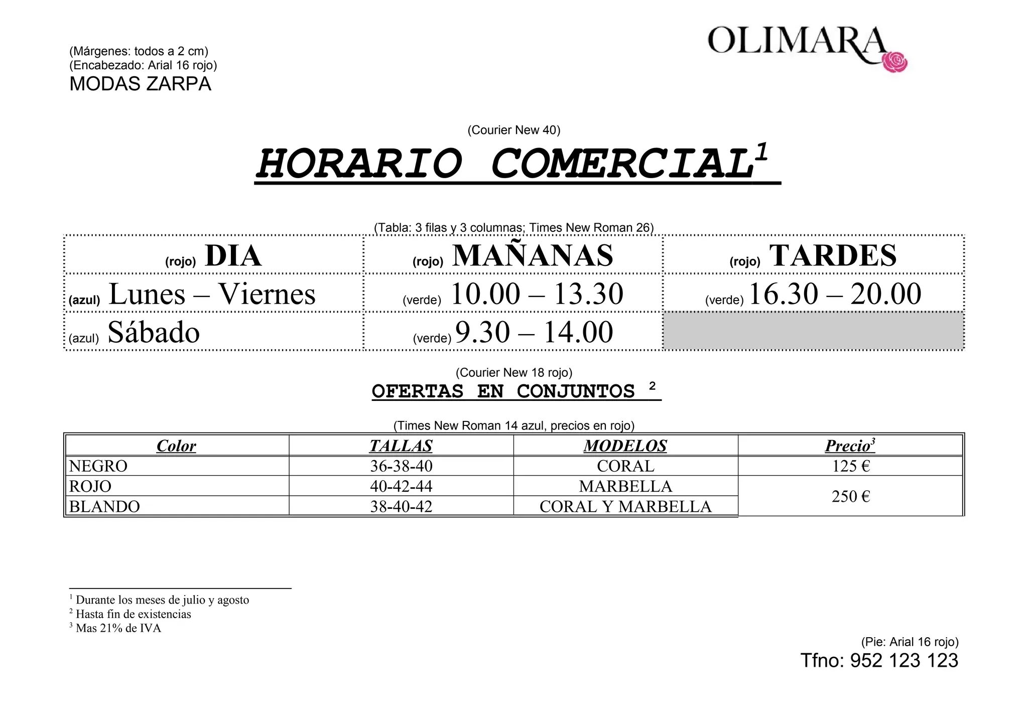 Tablas horario comercial | DOC