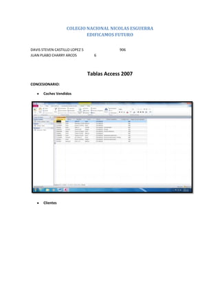 COLEGIO NACIONAL NICOLAS ESGUERRA
                           EDIFICAMOS FUTURO


DAVIS STEVEN CASTILLO LOPEZ 5               906
JUAN PLABO CHARRY ARCOS           6



                                Tablas Access 2007
CONCESIONARIO:

       Coches Vendidos




       Clientes
 