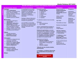 Ubaldo Peñaloza 2017-2018
MICOSIS SISTEMICAS CAUSADA POR HONGOS OPORTUNISTAS
Manifestaciones clínicas Factores de virulencia Epidemiología Diagnóstico Tratamiento
Candidiasis
Intertrigos
• Placas eritematosas,
maceración, descamación fina,
fisuras, lesiones satélites
(pústulas, pápulas o vesículas)
• Dermatitis por pañal
• Dermatitis en pliegues
cutáneos (común en obesos)
Mucocutánea
• Candidiasis orofaríngea o
“algodoncillo”
• Capa blanca, adherente y
membranosa, de bordes
difusos y dispuesta sobre una
base eritematosa en lengua,
carrillos y paladar. Es dolorosa
• Crónica  forma severa, se da
por deficiencia de linfocitos T
Ungueal
• Onicólisis asociada a
paroniquia o perionixis
• Estrías transversales
Vulvovaginal:
• Se asocia con etapas del ciclo
menstrual y embarazo.
• Leucorrea: secreción con
apariencia de “queso cottage”.
• Prurito, sensación urente,
disuria y dispareunia.
Sistémica y/o profunda:
• Pulmonar, urogenital,
esofagitis, gastrointestinal,
meningoencefálica.
Alérgica
La candidiasis ocurre cuando
las defensas inmunitarias del
huésped se ven afectadas
debido a una enfermedad o una
intervención iatrogénica
(antibióticos, quimioterapia,
esteroides).
Patología: infiltrado inflamatorio,
formación de microabscesos y
formación de granulomas.
Los neutrófilos, la inmunidad
humoral y la inmunidad mediada
por células son mecanismos de
defensa importantes contra
Candida.
Principales especies:
• Candida albicans
• C. dubliniensis
• C. glabrata
• C. guilliermondii
• C. krusei
• C. parapsilosis
• C. tropicalis
*C. glabrata se asocia al uso de sondas.
Morfología
• Fase levaduriforme
• Fase micelial
Hábitat: comensal del ser humano en
boca, vagina y tracto gastrointestinal.
Factores de oportunismo: pacientes
inmunosuprimidos, diabéticos, pacientes
con cáncer con neutropenia o mucositis
inducida por quimioterapia, pacientes
con VIH-SIDA y pacientes en tratamiento
con antibióticos de amplio espectro
que alteran la microbiota normal.
Mecanismos de infección
• Infección endógena
(sobrecrecimiento de hongos en
zonas cálidas y húmedas del
cuerpo)
• Infección exógena
*Infección de vías urinarias micótica
más frecuente
La esofagitis y candidiasis diseminada
son características de pacientes con
SIDA.
Examen directo 
levaduras gemantes
(blastoconidios) y
pseudo-hifas (pseudo-
micelio).
Cultivo: pruebas
fisiológicas y
bioquímicas
Agar Níger
Frote teñido con Gram
Estudios inmunológicos
Estudios
imagenológicos
Infección sistémica:
crecimiento de hongos
en hemocultivos.
*C. albicans es capaz
de formar tubos
germinales cuando se
incuba en suero a 37°C.
Prueba de filamentación
en suero 
diferenciación de
especies de Candida.
Antisépticos
Antifúngicos
tópicos (nistatina,
clotrimazol,
bifonazol
o ketoconazol)
Sistémicos
(anfotericina B,
itraconazol,
fluconazol,
posaconazol)
Marcador de infección por
VIH/SIDA
 