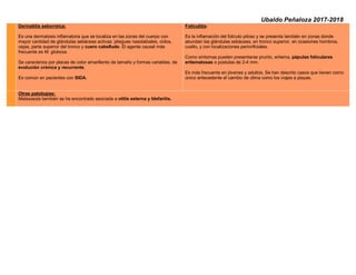 Ubaldo Peñaloza 2017-2018
Dermatitis seborreica:
Es una dermatosis inflamatoria que se localiza en las zonas del cuerpo con
mayor cantidad de glándulas sebáceas activas: pliegues nasolabiales, oídos,
cejas, parte superior del tronco y cuero cabelludo. El agente causal más
frecuente es M. globosa.
Se caracteriza por placas de color amarillento de tamaño y formas variables, de
evolución crónica y recurrente.
Es común en pacientes con SIDA.
Foliculitis:
Es la inflamación del folículo piloso y se presenta también en zonas donde
abundan las glándulas sebáceas, en tronco superior, en ocasiones hombros,
cuello, y con localizaciones periorificiales.
Como síntomas pueden presentarse prurito, eritema, pápulas foliculares
eritematosas o pústulas de 2-4 mm.
Es más frecuente en jóvenes y adultos. Se han descrito casos que tienen como
único antecedente el cambio de clima como los viajes a playas.
Otras patologías:
Malassezia también se ha encontrado asociada a otitis externa y blefaritis.
 