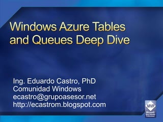 Windows Azure Tables and Queues Deep Dive Ing. Eduardo Castro, PhD Comunidad Windows ecastro@grupoasesor.net http://ecastrom.blogspot.com 