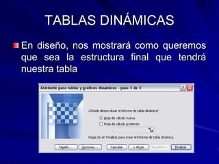 TABLAS DINÁMICAS
En diseño, nos mostrará como queremos
que sea la estructura final que tendrá
nuestra tabla
 