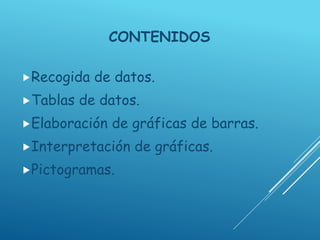 CONTENIDOS
Recogida de datos.
Tablas de datos.
Elaboración de gráficas de barras.
Interpretación de gráficas.
Pictogramas.
 