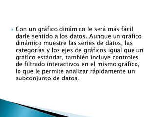  Con un gráfico dinámico le será más fácil
darle sentido a los datos. Aunque un gráfico
dinámico muestre las series de datos, las
categorías y los ejes de gráficos igual que un
gráfico estándar, también incluye controles
de filtrado interactivos en el mismo gráfico,
lo que le permite analizar rápidamente un
subconjunto de datos.
 