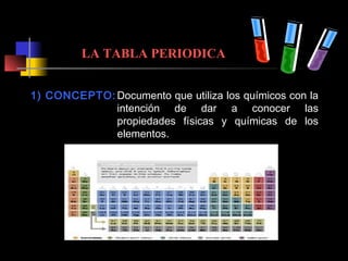 LA TABLA PERIODICA
1) CONCEPTO: Documento que utiliza los químicos con la
intención de dar a conocer las
propiedades físicas y químicas de los
elementos.

 