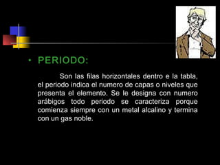 • PERIODO:
Son las filas horizontales dentro e la tabla,
el periodo indica el numero de capas o niveles que
presenta el elemento. Se le designa con numero
arábigos todo periodo se caracteriza porque
comienza siempre con un metal alcalino y termina
con un gas noble.

 