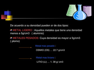 De acuerdo a su densidad pueden sr de dos tipos:
METAL LIGERO : Aquellos metales que tiene una densidad
menos a 5g/cm3 ( aluminio)
METALES PESADOS: Cuya densidad es mayor a 5g/cm3
( plomo)
Metal mas pesado :
OSMIO (OS) … 22.7 g/cm3
Metal mas liviano :
LITIO (Li) … 1. 38 g/ cm3

 