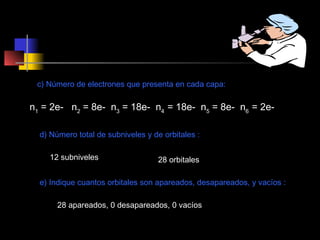 c) Número de electrones que presenta en cada capa:

n1 = 2e- n2 = 8e- n3 = 18e- n4 = 18e- n5 = 8e- n6 = 2ed) Número total de subniveles y de orbitales :
12 subniveles

28 orbitales

e) Indique cuantos orbitales son apareados, desapareados, y vacíos :
28 apareados, 0 desapareados, 0 vacíos

 