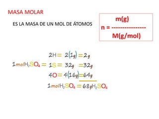 MASA MOLAR
ES LA MASA DE UN MOL DE ÁTOMOS
m(g)
n = ----------------
M(g/mol)