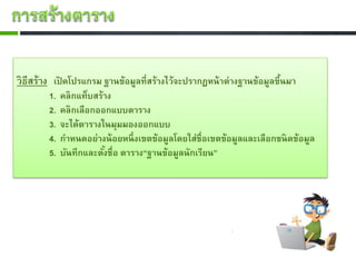 วิธีสร้าง เปิดโปรแกรม ฐานข้อมูลที่สร้างไว้จะปรากฏหน้ าต่างฐานข้อมูลขึนมา
                                                                     ้
        1.   คลิกแท็บสร้าง
        2.   คลิกเลือกออกแบบตาราง
        3.   จะได้ตารางในมุมมองออกแบบ
        4.   กาหนดอย่างน้ อยหนึ่ งเขตข้อมูลโดยใส่ชื่อเขตข้อมูลและเลือกชนิดข้อมูล
        5.   บันทึกและตังชื่อ ตาราง“ฐานข้อมูลนักเรียน”
                        ้
 
