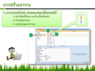 7. การกาหนดคียหลัก (Primary Key) มีขนตอนดังนี้
              ์                     ั้
        1. คลิกฟิลด์ที่ต้องการสร้างเป็ นคียหลัก
                                           ์
        2. คลิกสัญลักษณ์
        3. จะมีรปกุญแจปรากฏ
                ู
 