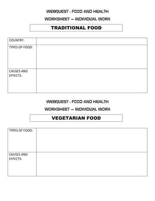 WEBQUEST : FOOD AND HEALTH<br />WORKSHEET – INDIVIDUAL WORK<br />TRADITIONAL FOOD<br />COUNTRY:TYPES OF FOOD:CAUSES AND EFFECTS: <br />WEBQUEST : FOOD AND HEALTH<br />WORKSHEET – INDIVIDUAL WORK<br />VEGETARIAN FOOD<br />TYPES OF FOOD:CAUSES AND EFFECTS: <br />WEBQUEST : FOOD AND HEALTH<br />WORKSHEET – INDIVIDUAL WORK<br />FAST FOOD<br />TYPES OF FOOD:CAUSES AND EFFECTS: <br />