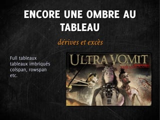 ENCORE UNE OMBRE AU
            TABLEAU
                     dérives et excès
Full tableaux
tableaux imbriqués
colspan, rowspan
etc.
 
