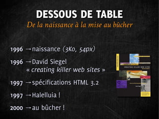 DESSOUS DE TABLE
     De la naissance à la mise au bûcher

1996 →naissance (3Ko, 54px)
1996 →David Siegel
     « creating killer web sites »
1997 →spécifications HTML 3.2
1997 →Halelluia !
2000 →au bûcher !
 
